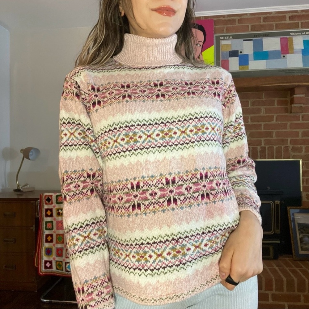 SOLD!!! Vintage Y2K 90s Wool Blend Fair Isle Turtleneck Knit Sweater Sage Nordic